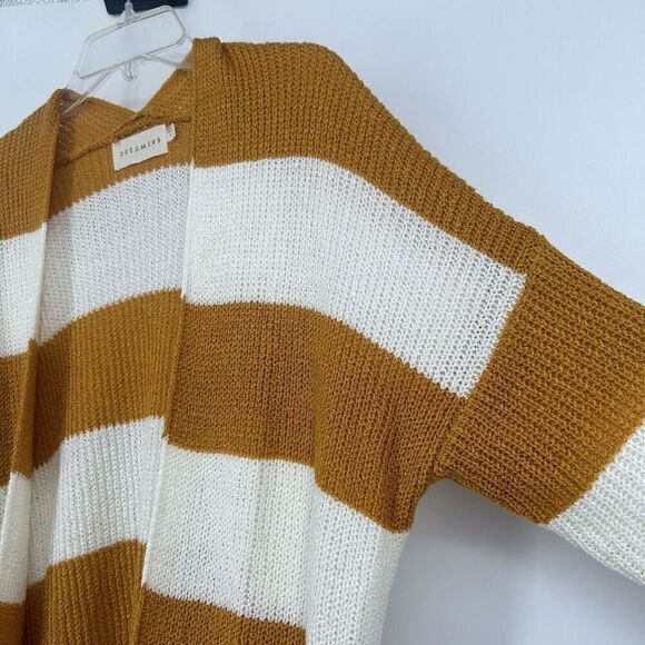 Dreamers Mustard Yellow White Stripe Cardigan Open Front Long Line Slouchy Sz S - Picture 3 of 10